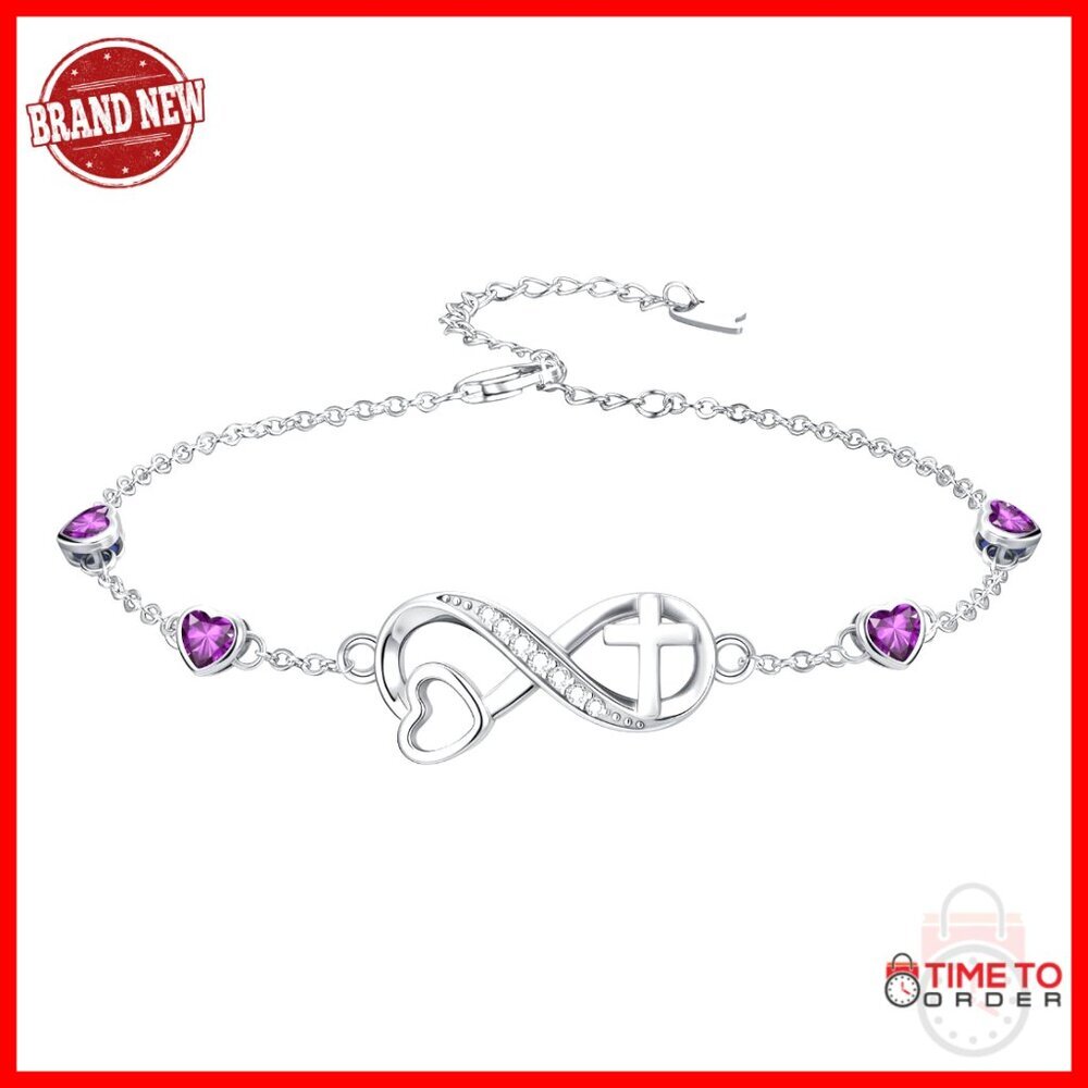 Sterling Silver Birthstone Bracelet with Infinity Cross Heart Charm Adjustable